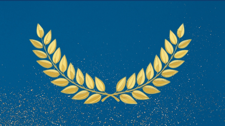 A gold laurel wreath with a blue background and gold dust specks.