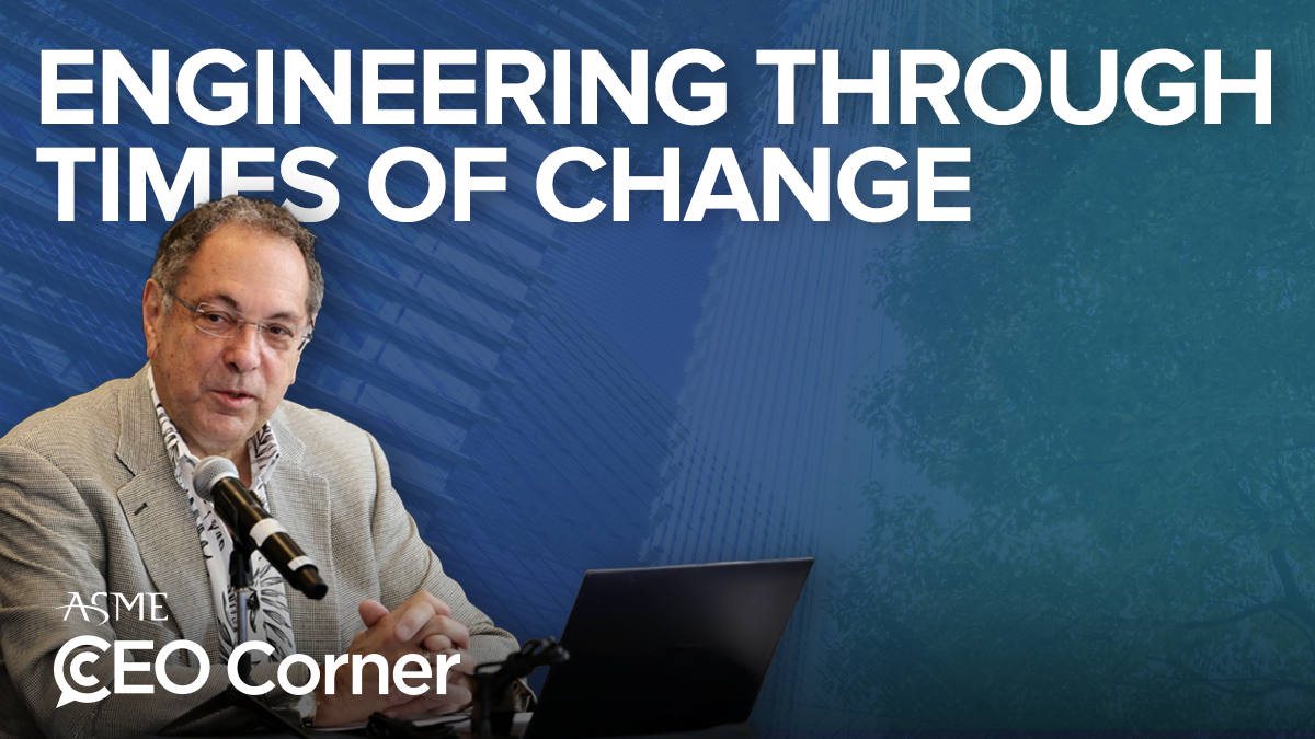 A man in a light-colored blazer and patterned shirt speaks into a microphone at a table with a laptop. White text overlaying a blue, abstract background reads "ENGINEERING THROUGH TIMES OF CHANGE" and